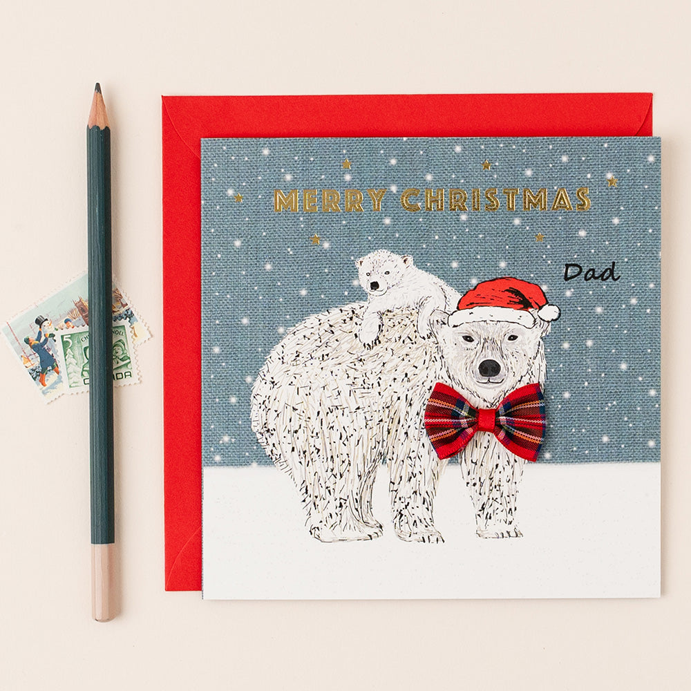 Christmas card with polar bear and cub design, featuring 'Merry Christmas Dad' text.