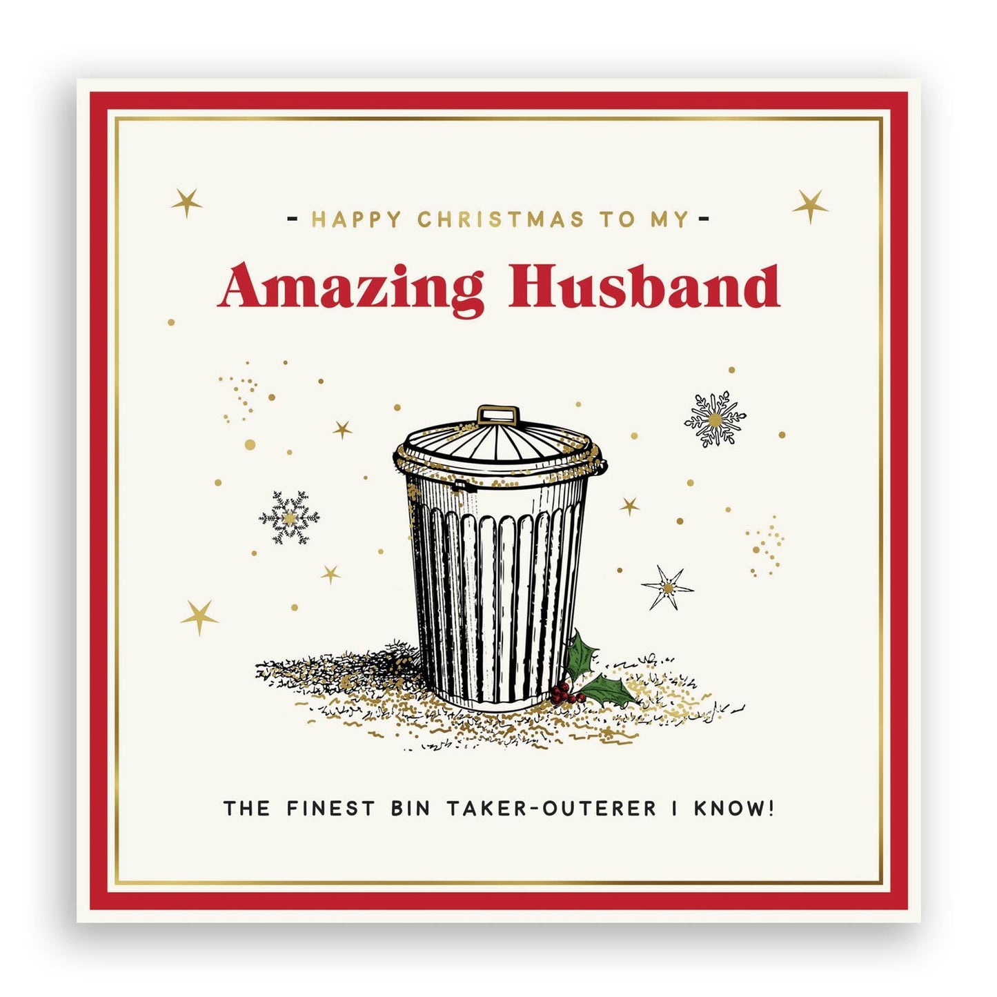 Christmas card for an amazing husband with a trash bin illustration and festive text.