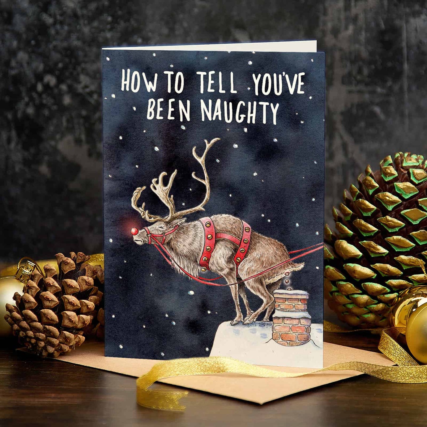 Christmas card with reindeer on a chimney, text 'How to tell you've been naughty', surrounded by pine cones and gold ribbons.