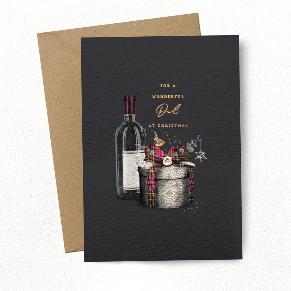 Greeting card with a bottle of wine and gift box on a dark background, featuring festive text.