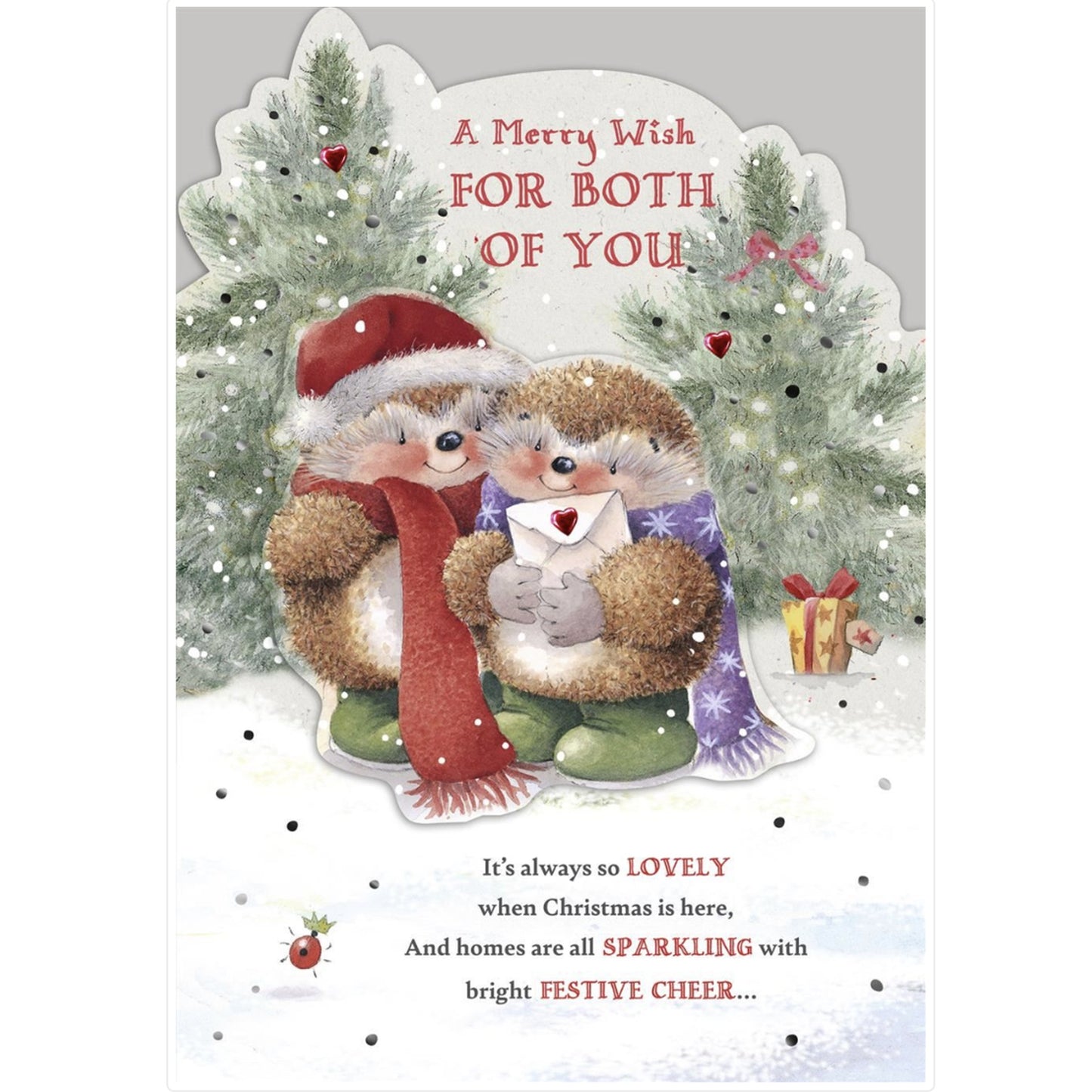 Christmas card with two animated characters holding a heart, surrounded by Christmas trees and decorations.