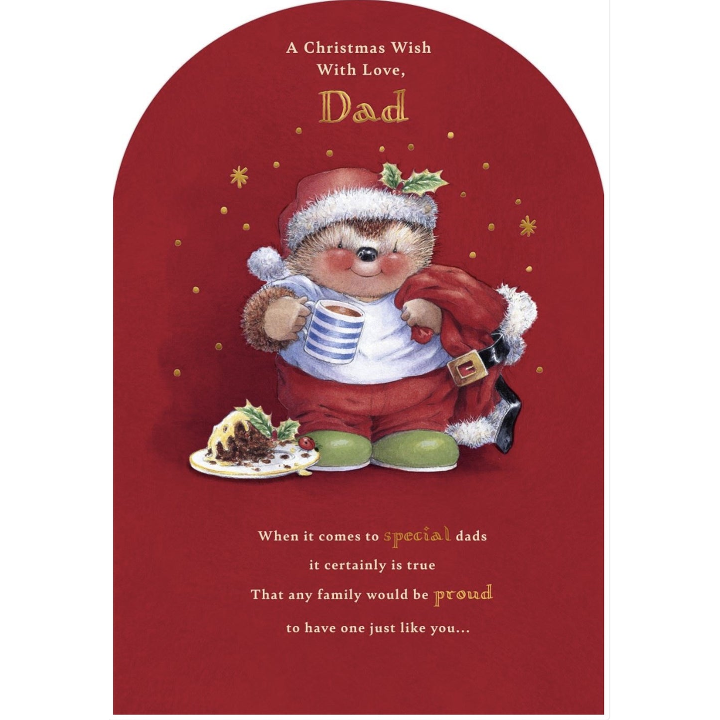 Dad Christmas card with a cartoon character holding a cup and cake, on a red background.