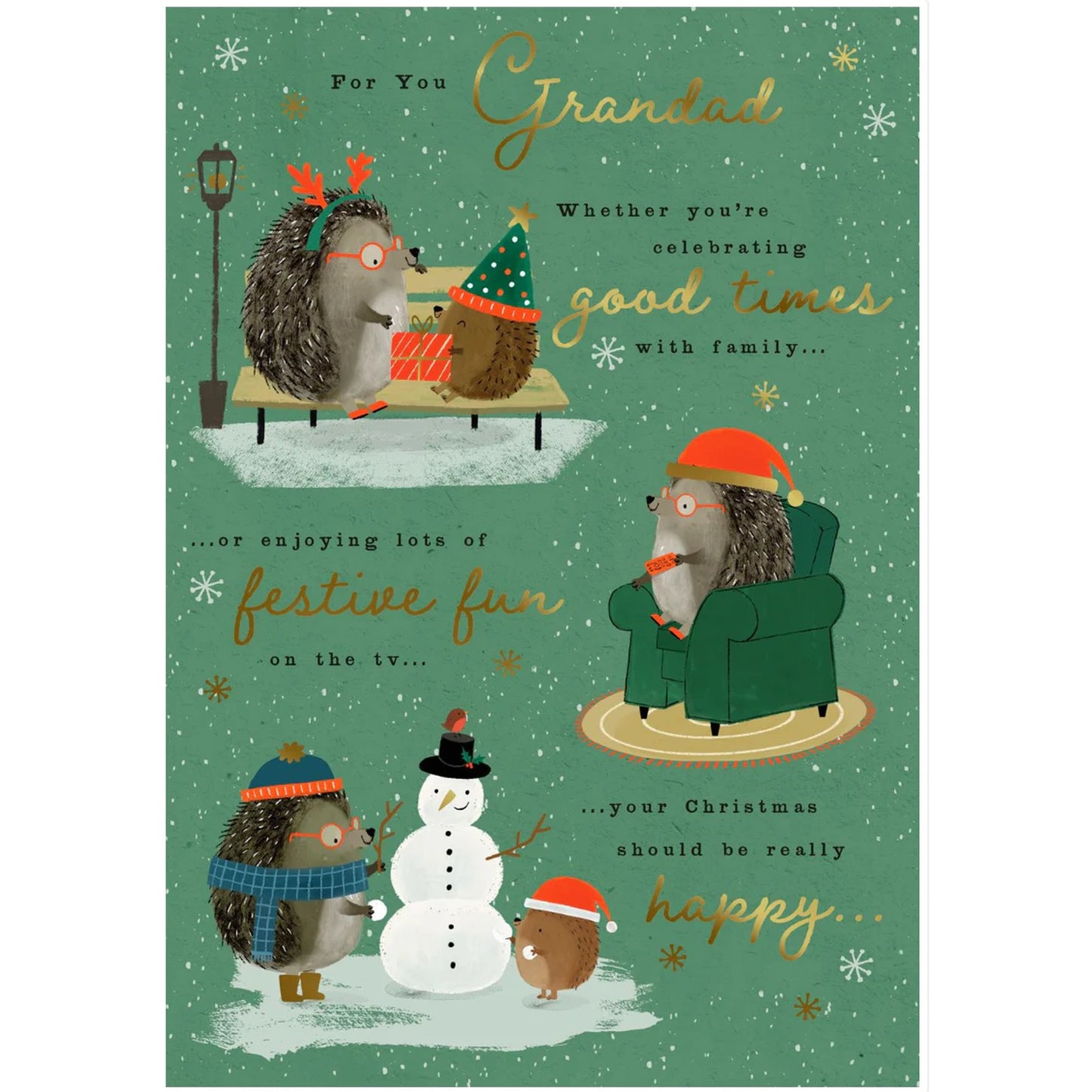 Christmas card with hedgehogs and a snowman on a green background