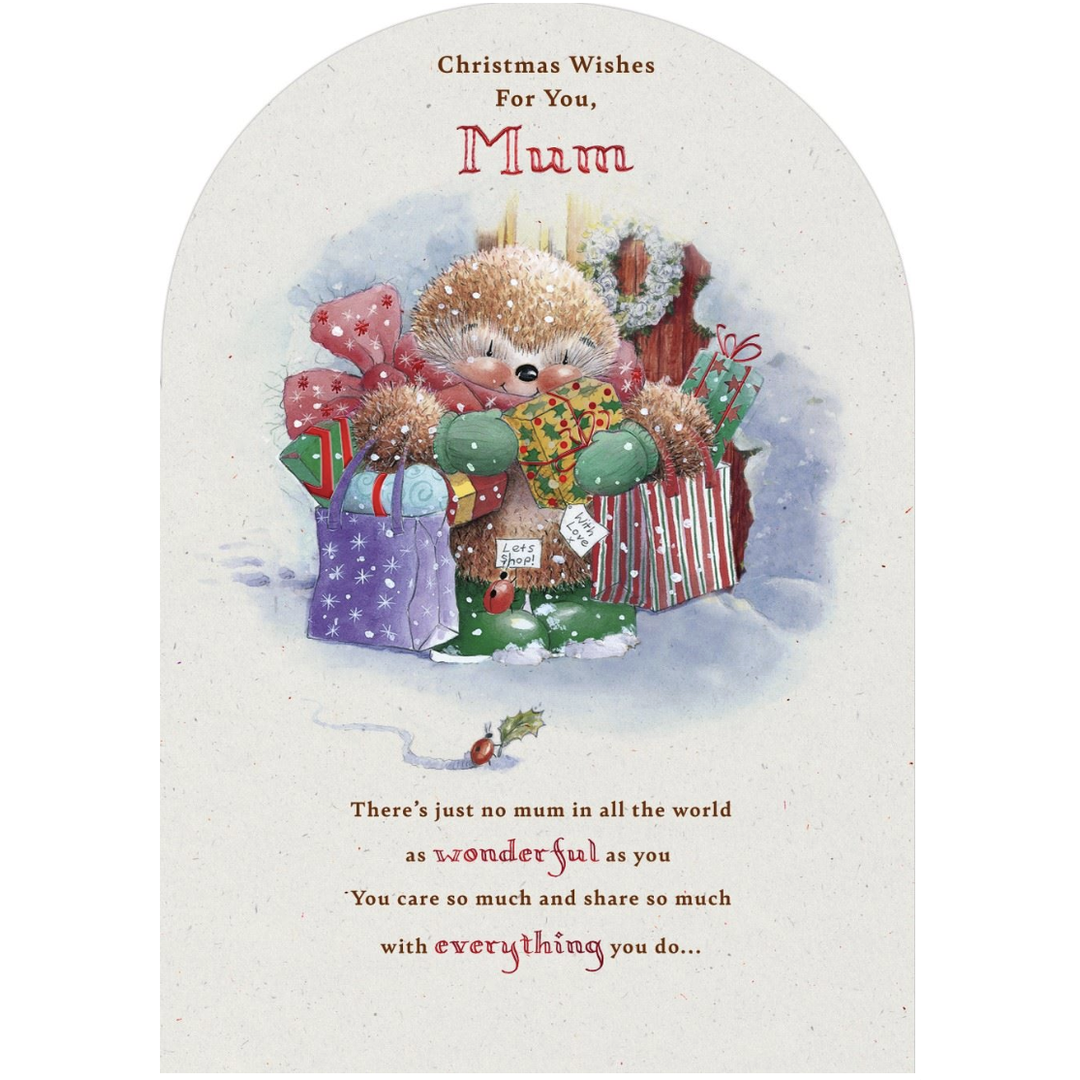 Christmas card with a teddy bear surrounded by presents and text 'Christmas Wishes For You, Mum'.