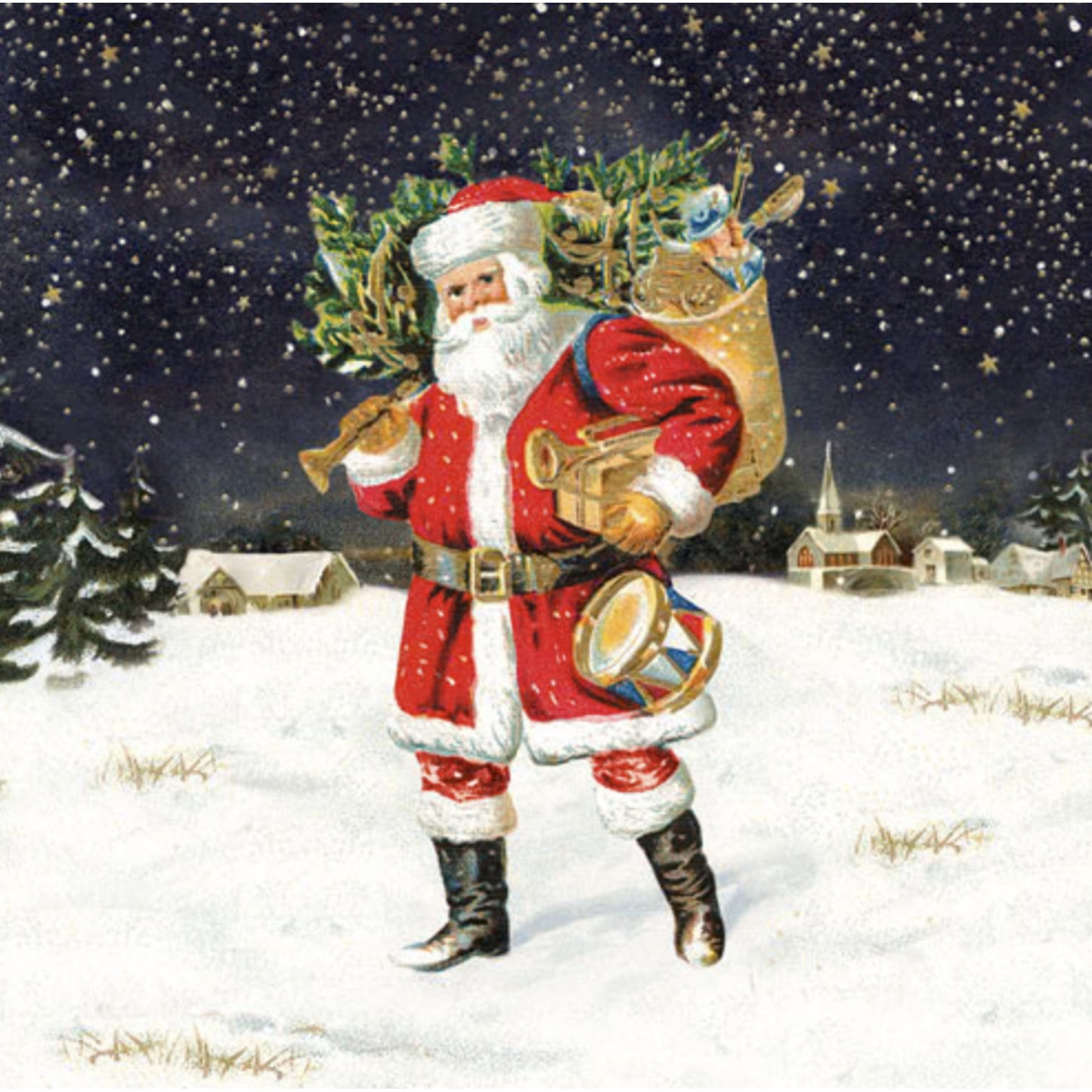 Illustration of Santa Claus in a snowy landscape with a tree and sack.