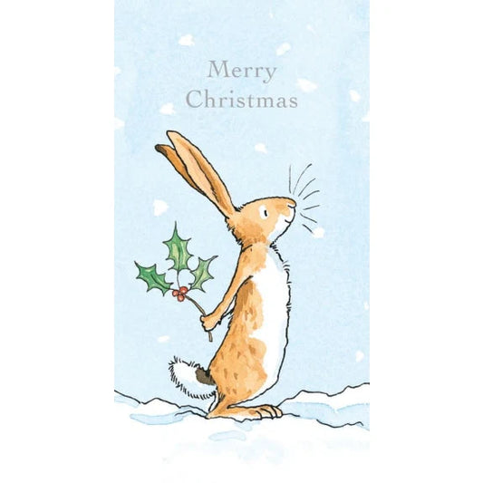 Christmas card with a rabbit holding holly and 'Merry Christmas' text on a light blue background.