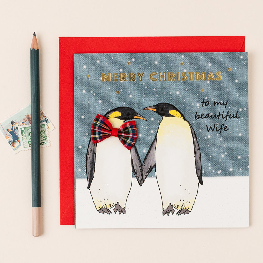 Christmas card with penguins holding hands and a red border, featuring the text 'Merry Christmas to my beautiful Wife'.
