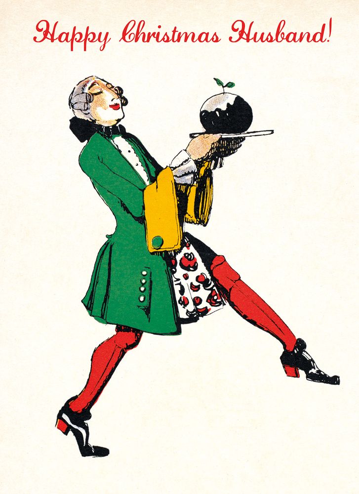 Vintage-style Christmas card with a woman in a green coat holding a black cat, text 'Happy Christmas Husband!' at the top.