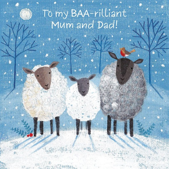 Card with sheep in a snowy landscape and text 'To my BAA-rilliant Mum and Dad!'
