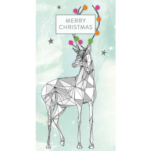 Geometric deer design money wallet with 'Merry Christmas' text on a light green background