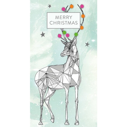 Geometric deer design money wallet with 'Merry Christmas' text on a light green background