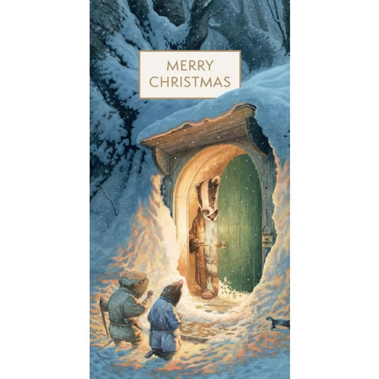 Christmas money wallet with badger, Mole and Ratty from wind in the willows by a snowy cabin entrance, featuring 'Merry Christmas' text.