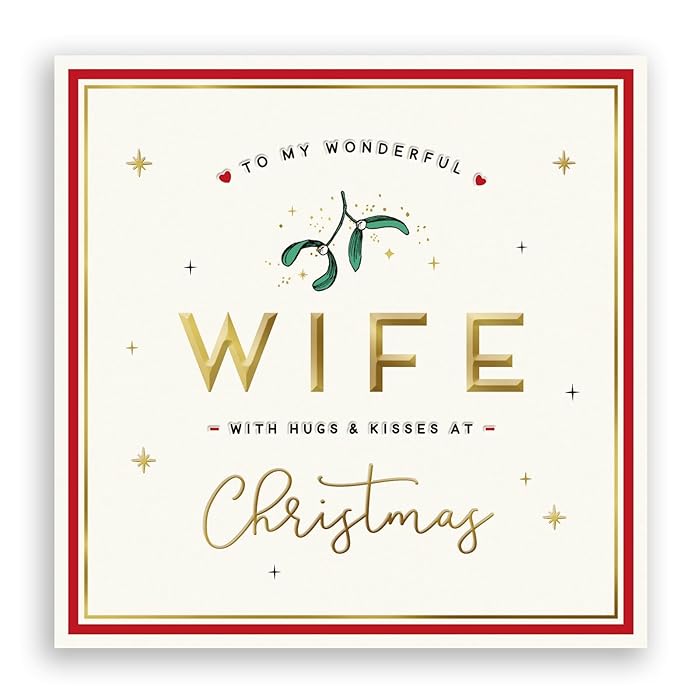 Christmas card for a wife with decorative text and mistletoe.