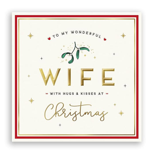 Christmas card for a wife with decorative text and mistletoe.