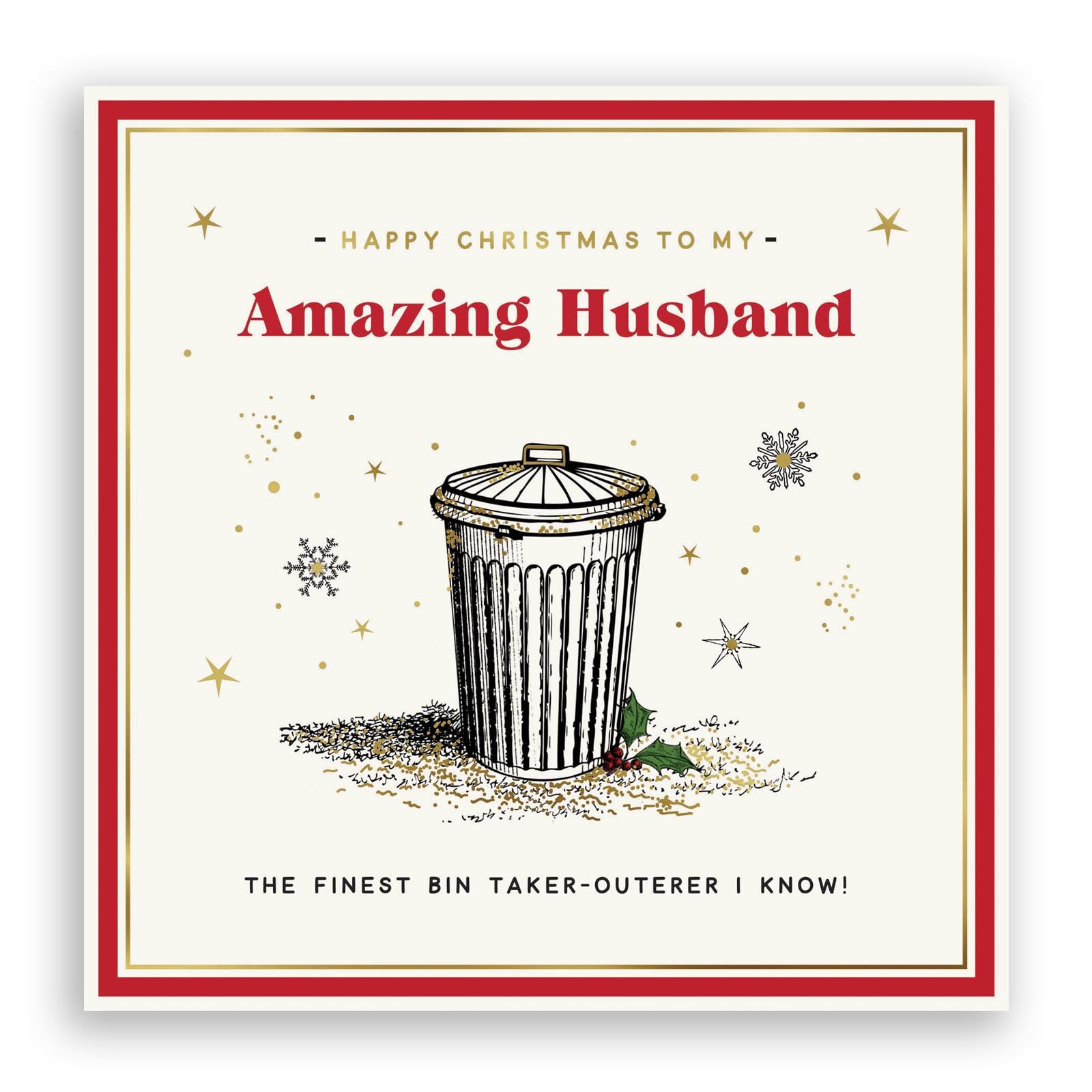 Christmas card for an amazing husband with a trash bin illustration and festive text.