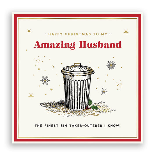 Christmas card for an amazing husband with a trash bin illustration and festive text.