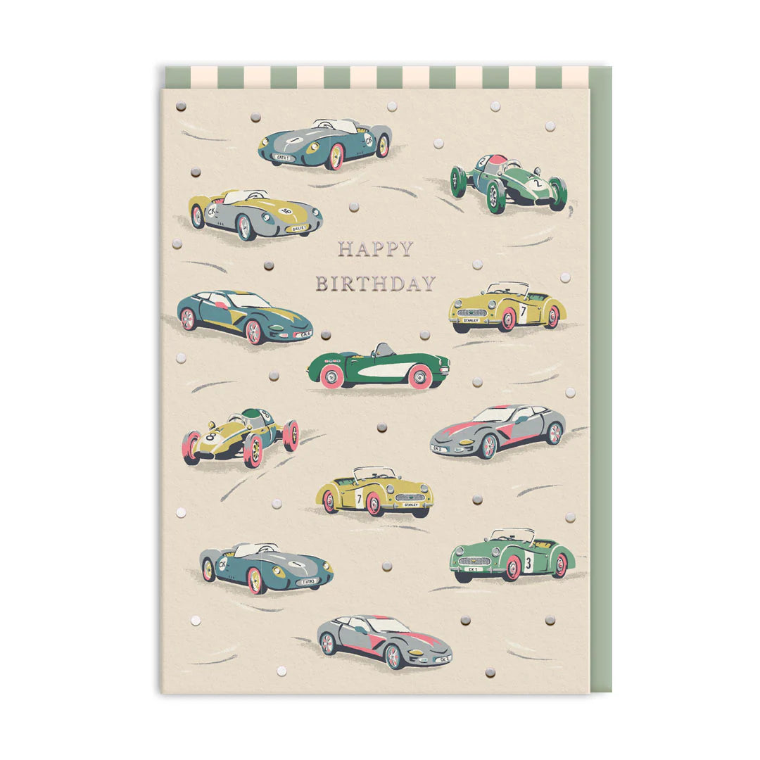 Birthday card with vintage car illustrations on a white background