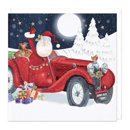 Santa in Red Car Christmas Card