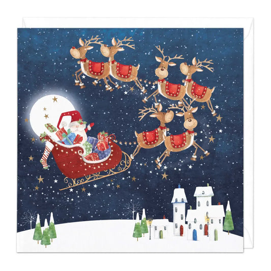 Santa Flying Sleigh Christmas Card