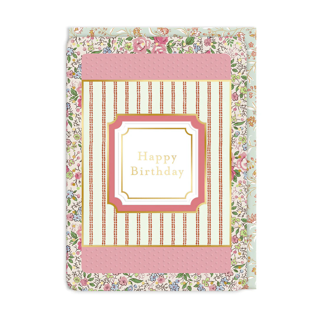 Floral and pink border birthday card with 'Happy Birthday' text