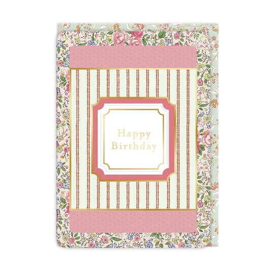 Floral and pink border birthday card with 'Happy Birthday' text