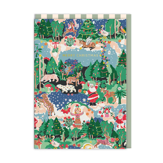 Christmas-themed greeting card with festive illustrations of Santa, reindeer, and winter scenes.