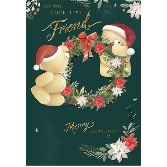 Christmas card with two bears wearing Santa hats and a wreath, surrounded by flowers and text.