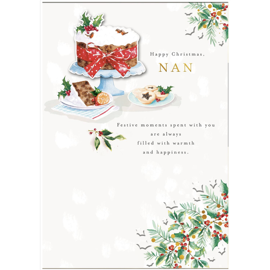 Nan Christmas Card – Festive Cake and Holly Design