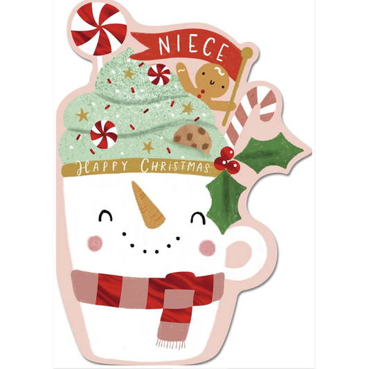 Niece Christmas Card – Fun Snowman Mug Design