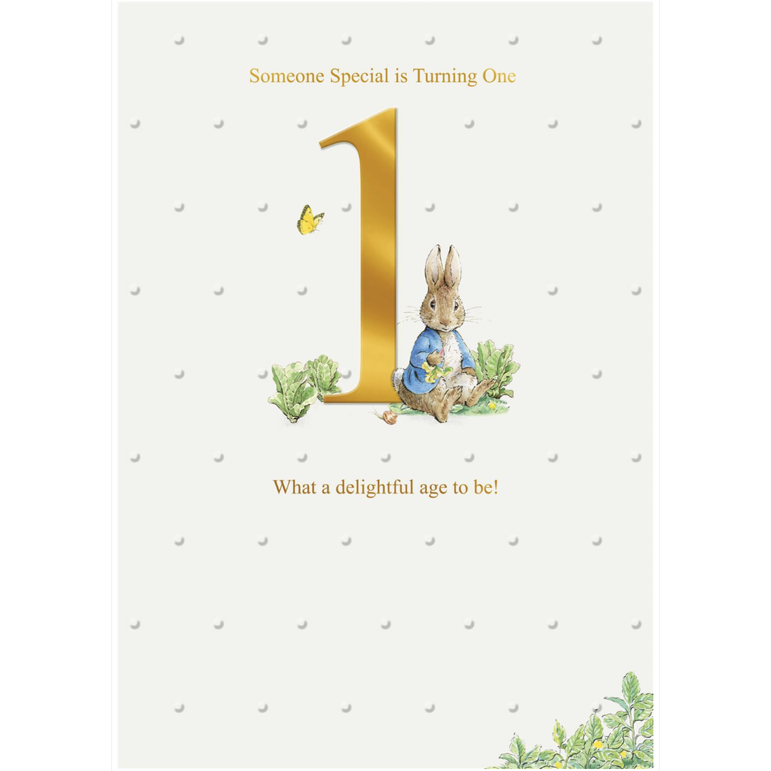 Birthday card with a gold number '1' and a rabbit illustration on a white background.