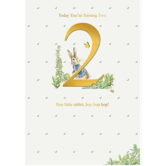 Children's birthday card with a rabbit character and number '2' on a white background