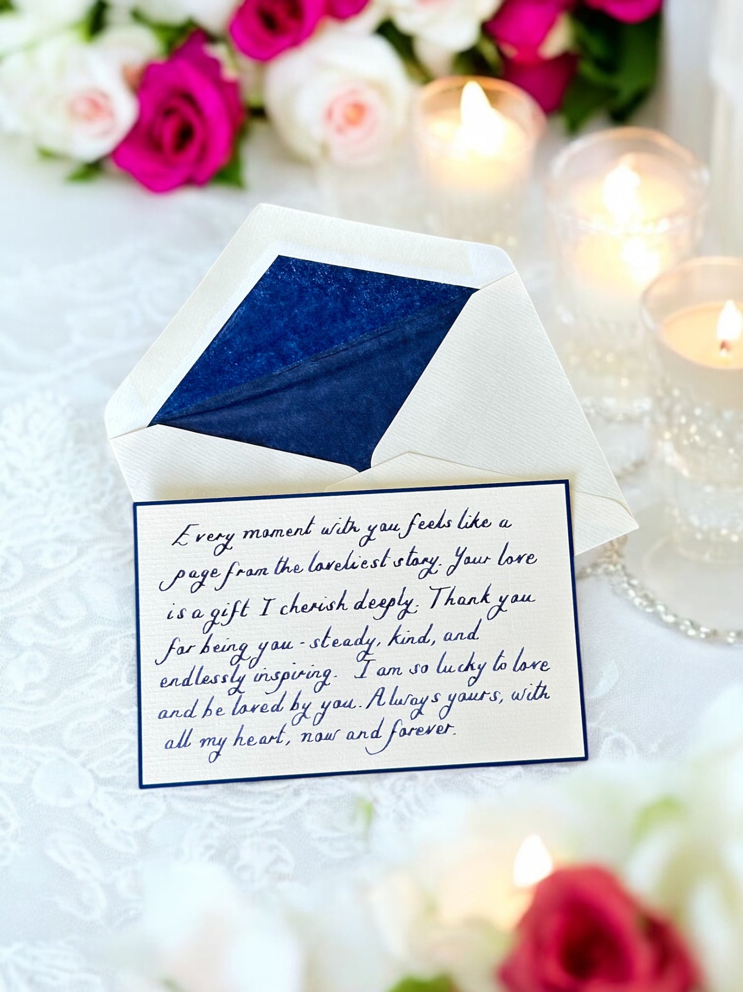 Navy Blue Handwritten Flat Card with Tissue-Lined Envelope