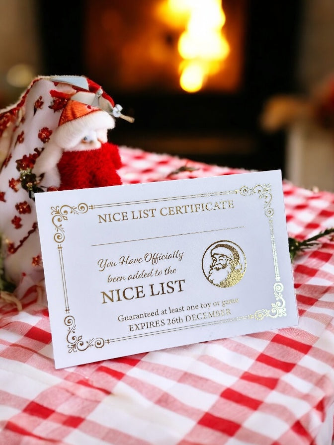 Handwritten Santa letter with matching Nice List certificate — gold foil Christmas keepsake.