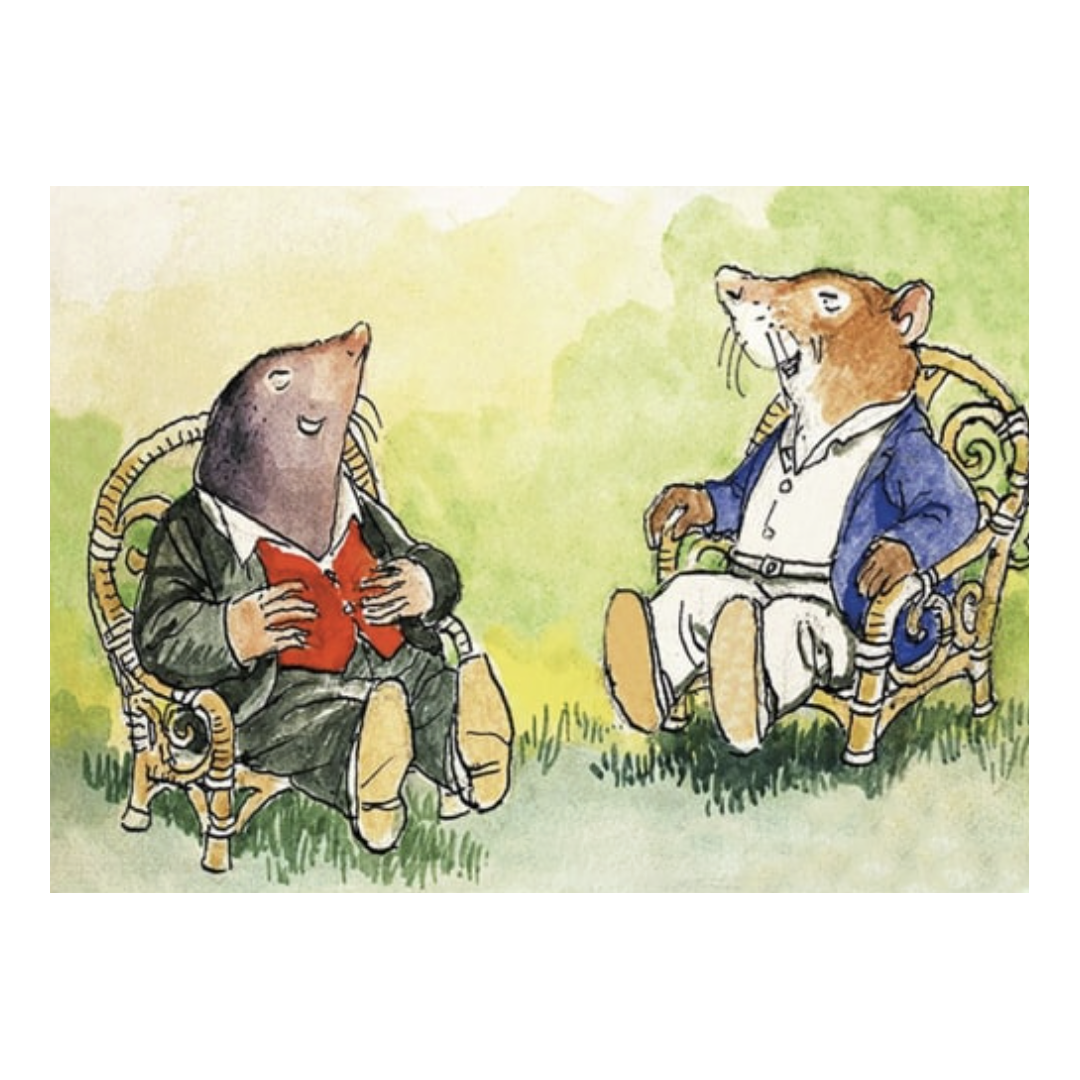 Two animated mice sitting in chairs on a grassy background
