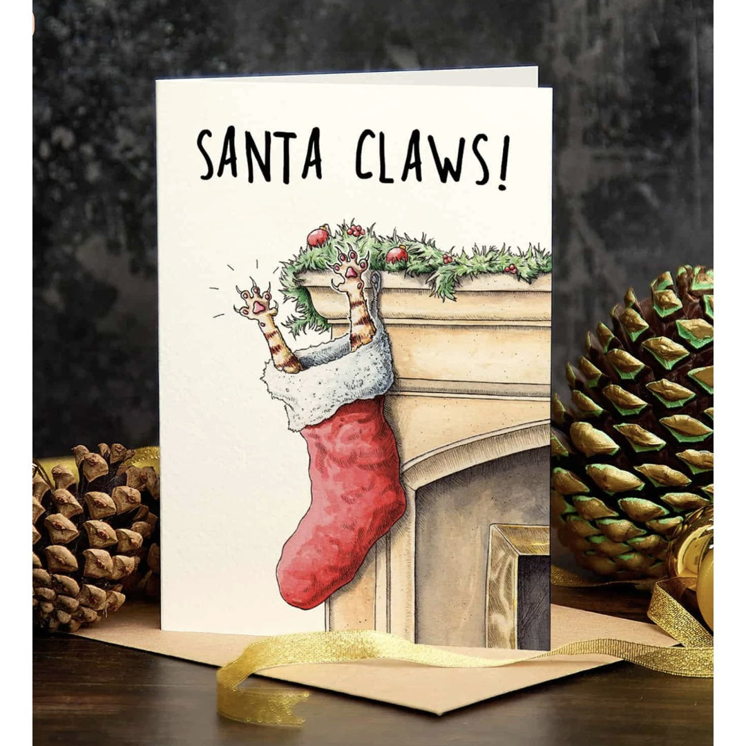 Christmas card with a red stocking and 'Santa Claws!' text, surrounded by pine cones and gold ribbon.