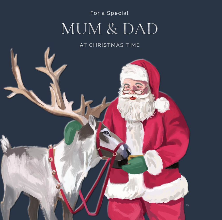 Illustration of Santa Claus with a reindeer on a dark blue background, featuring text for Mum & Dad at Christmas time.