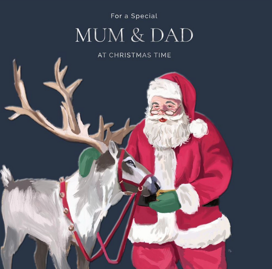 Illustration of Santa Claus with a reindeer on a dark blue background, featuring text for Mum & Dad at Christmas time.