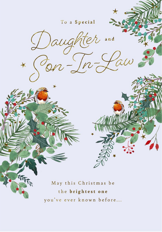 Christmas card for a daughter and son-in-law with holly and robin design on a light blue background.