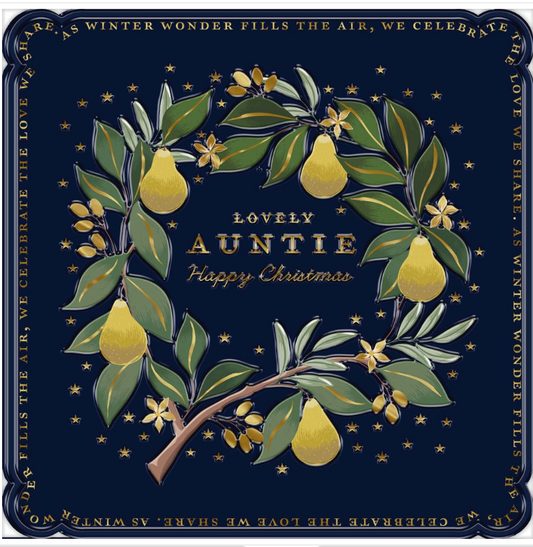 Decorative Christmas card with pears, leaves, and text on a dark blue background
