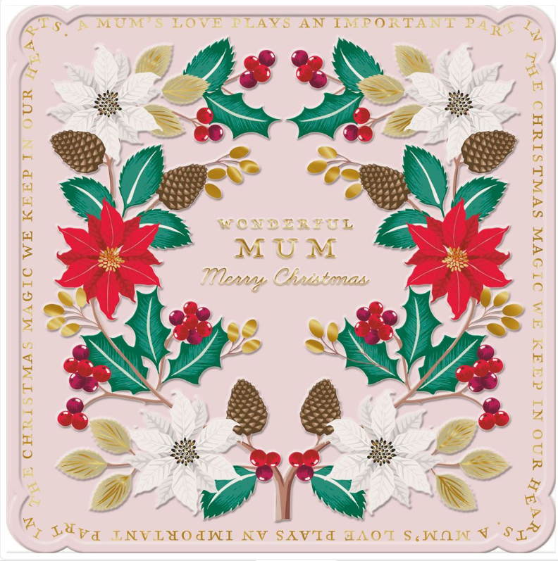 Christmas-themed card for mum with floral designs and text on a pink background