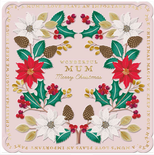 Christmas-themed card for mum with floral designs and text on a pink background