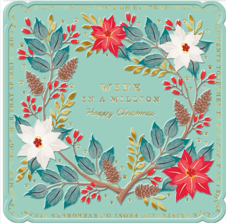 Decorative Christmas card with floral design and text on a teal background