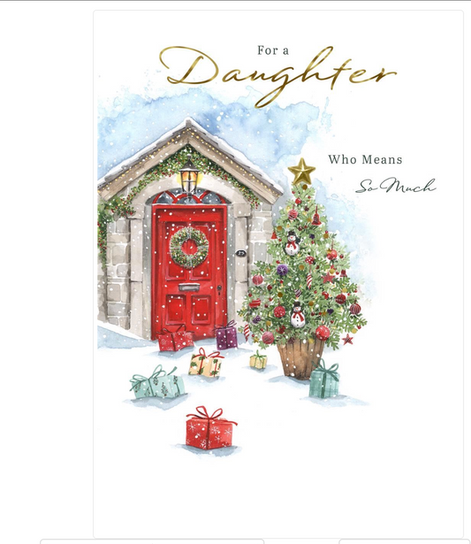 Christmas card for a daughter with a red door, Christmas tree, and presents.