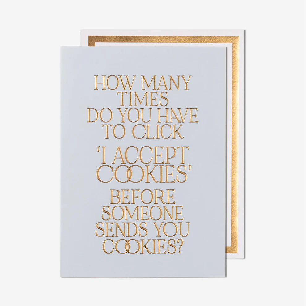 Card with gold text on a light blue background