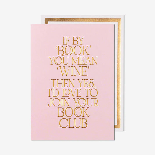 Pink card with gold text on a white background