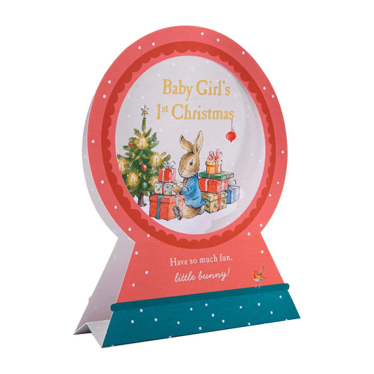 Decorative plaque for 'Baby Girl's 1st Christmas' with a rabbit and Christmas tree illustration.