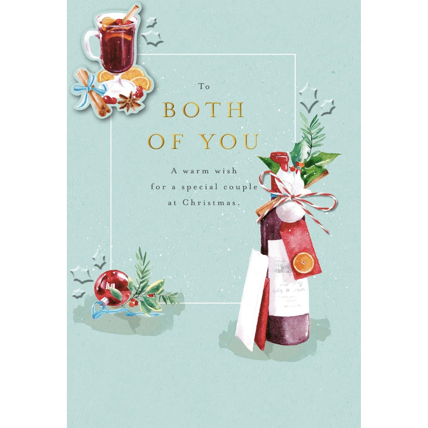 Christmas card with wine bottle, mulled wine, and festive elements on a light blue background.