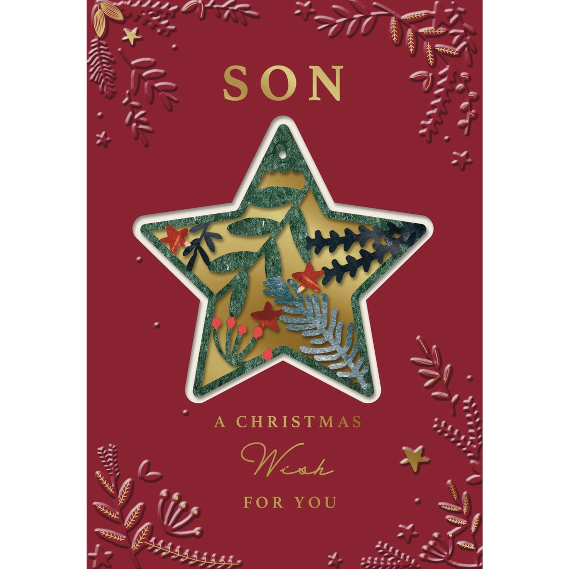 Christmas card with a star ornament on a red background, featuring the word 'Son'.