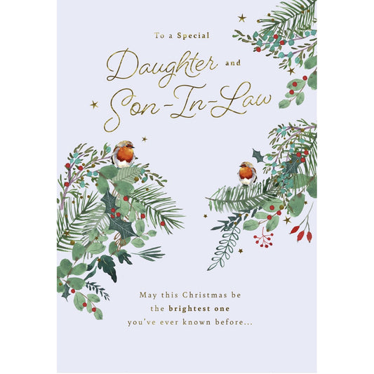 Christmas card for a daughter and son-in-law with festive design and text.