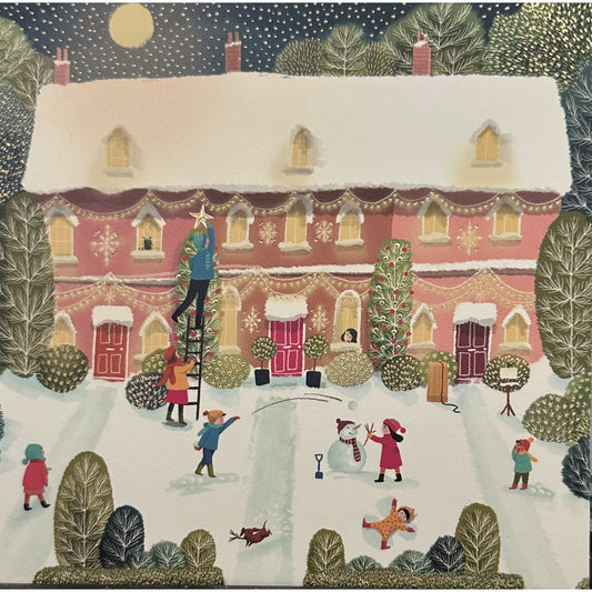 Illustration of a snowy village scene with a house, children playing, and a snowman.